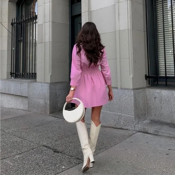 Zara collard v neck pink mini dress — smocked waist long sleeves skater dress - Picture 4 of 15